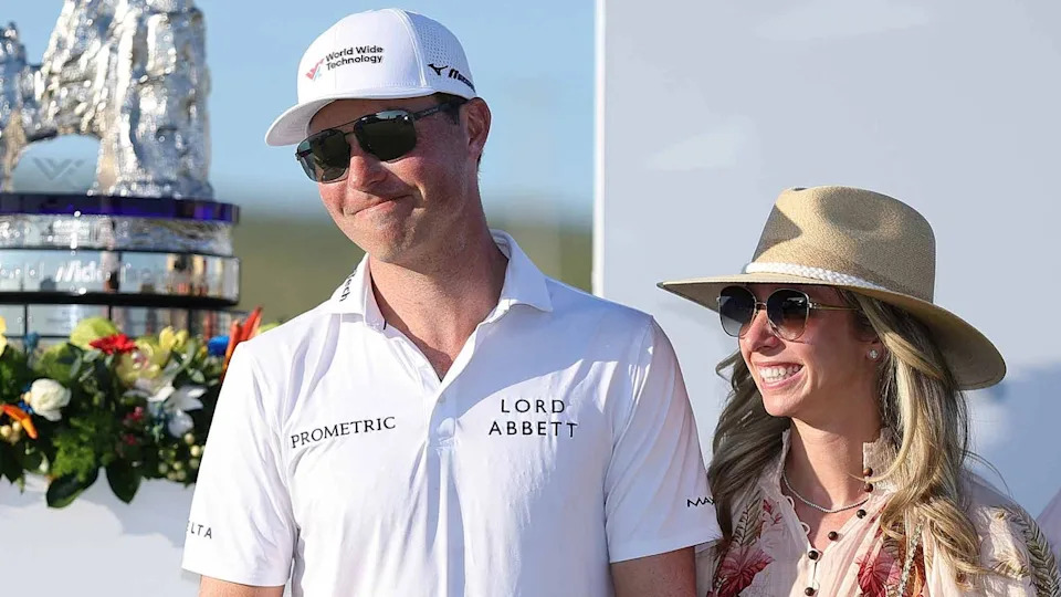 Ben Griffin celebrates with wife Dana Myeroff after winning 2025 World Wide Technology Championship at Tiger Woods course.