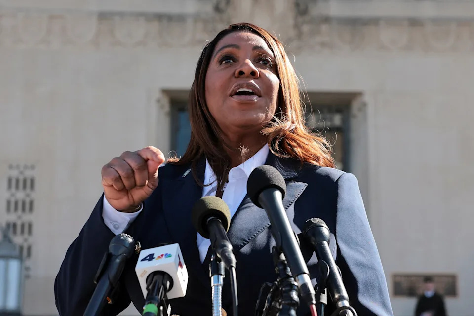 New York Attorney General Letitia James is pictured speaking to reporters outside the U.S. District Court for the Eastern District of Virginia in Norfolk, Virginia, on Oct. 24, 2025. James pleaded not guilty to charges of defrauding her mortgage lender.