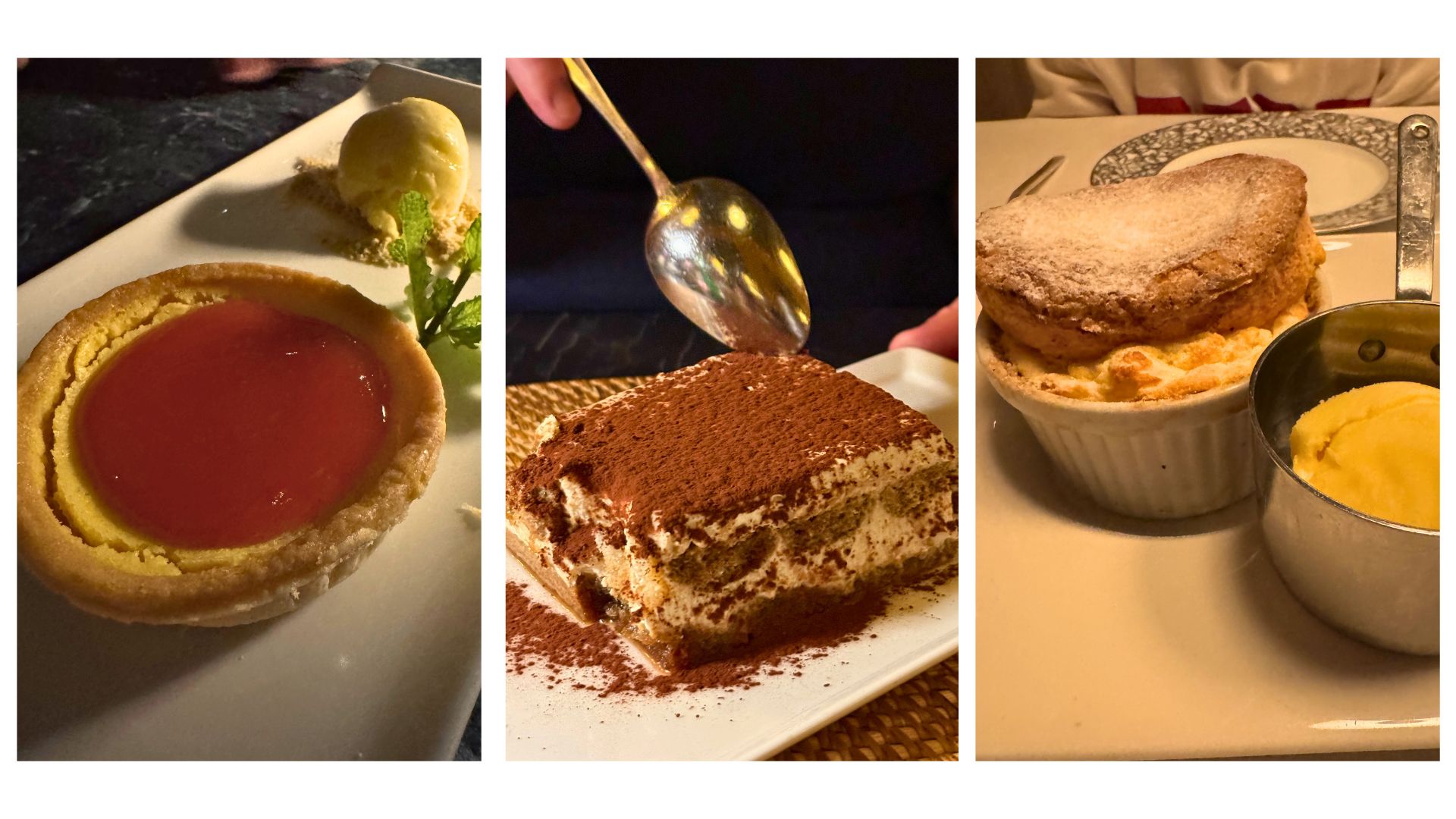 Three images of desserts served at La Manga Club