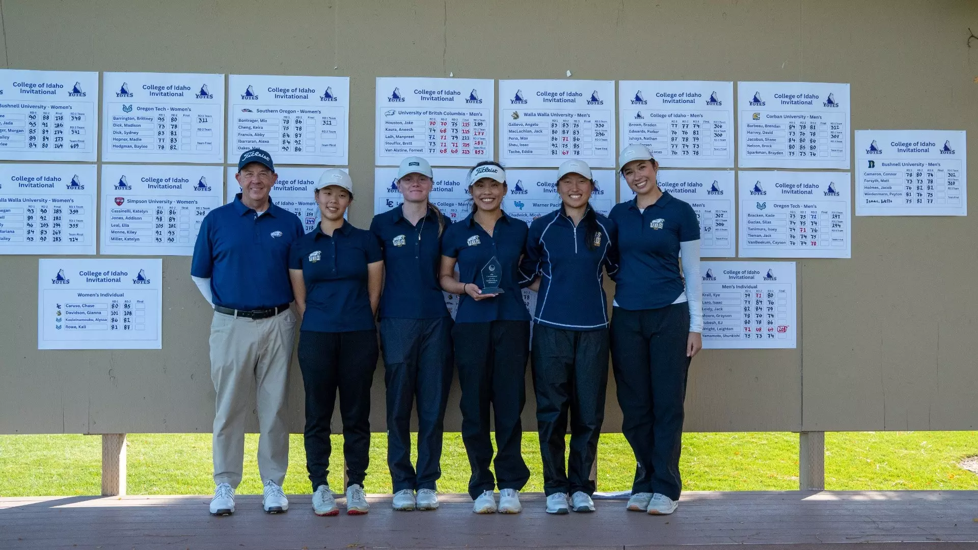 The UBC Women's Golf team poses with assistant coach Jeff Buder after their win