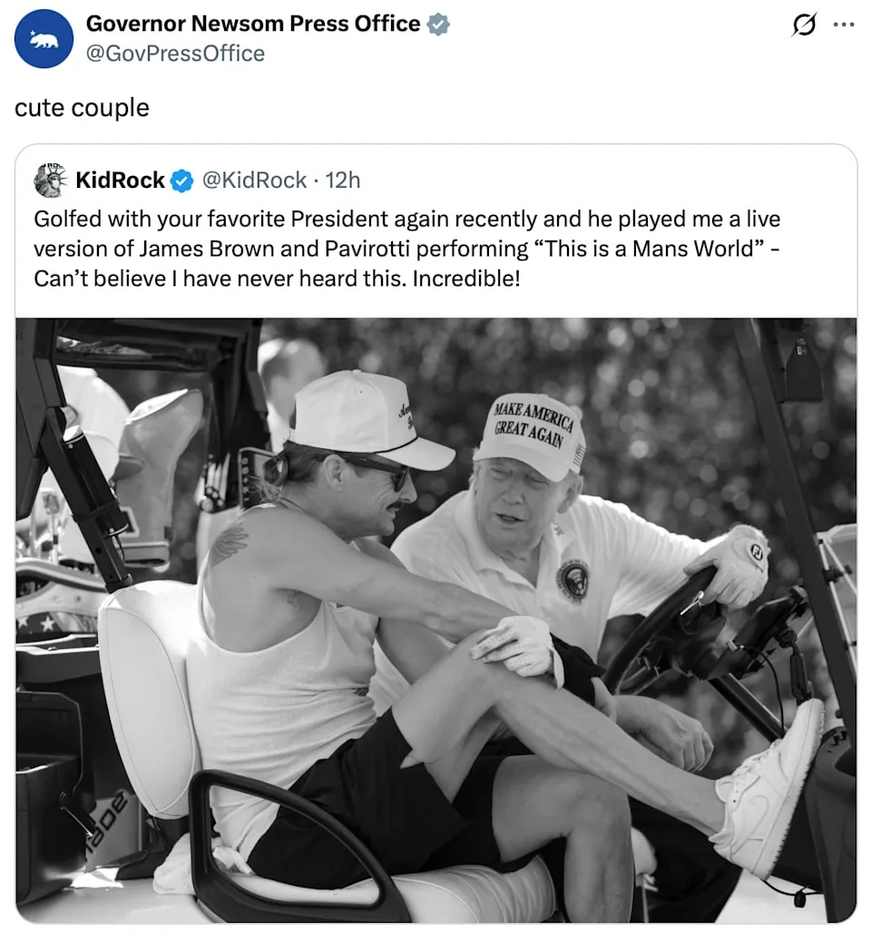 Gavin Newsom mocks Kid Rock and Donald Trump's golfing post. / X