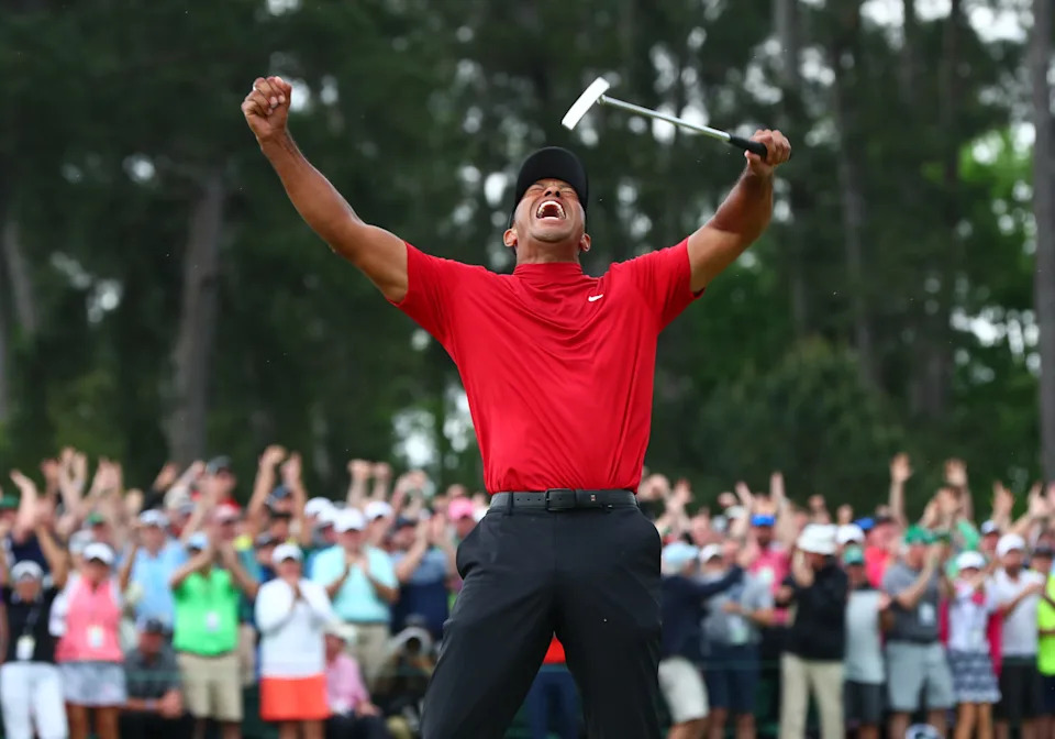 Tiger Woods celebrates winning the 2019 Masters at Augusta National Golf Club.