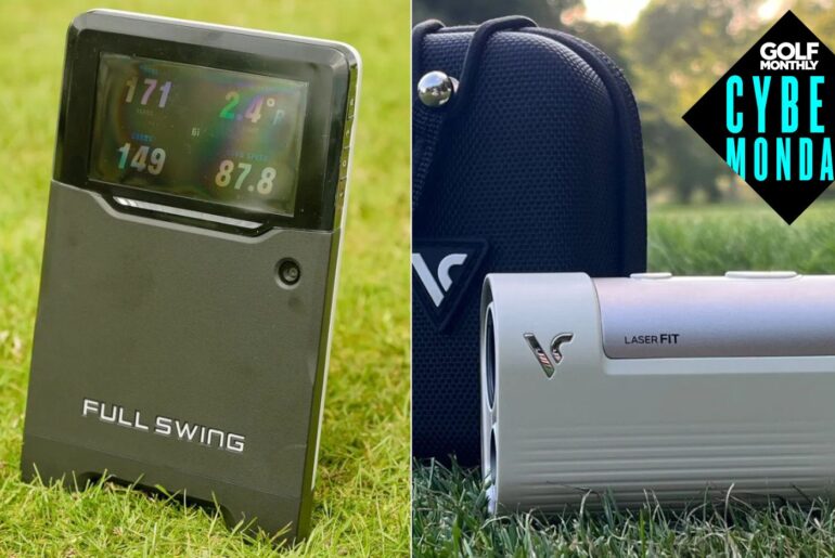 Full Swing simulator and the Voice Caddie Laser Fit Rangefinder side by side