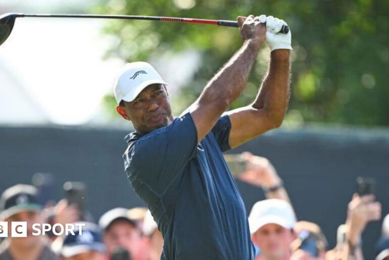 Tiger Woods hits his tee shot at the 14th hole during the second round of 124th U.S. Open Championship at Pinehurst