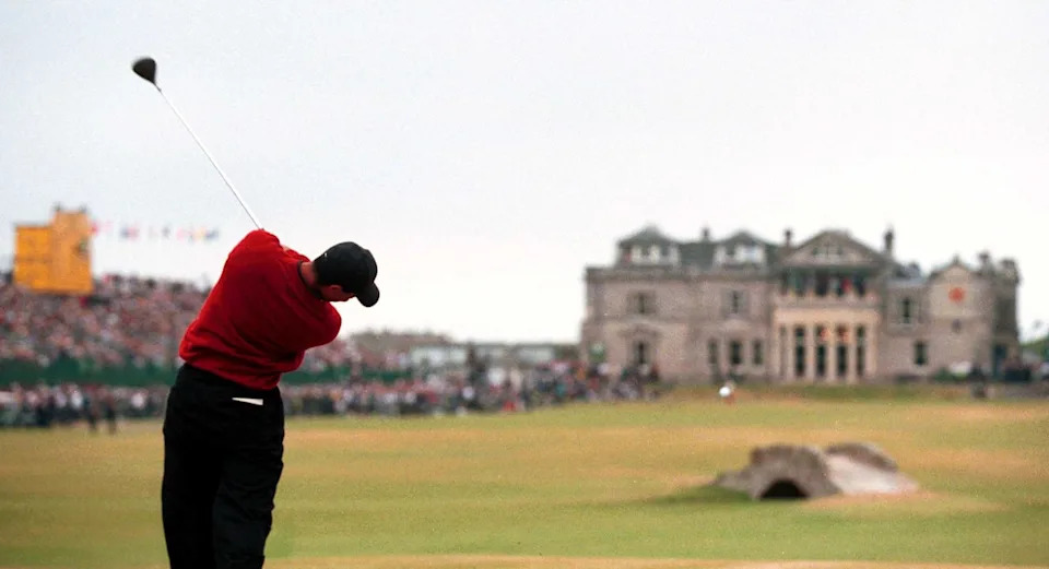 373807 05: Tiger Woods drives off the 18th green on his way to a victory in the British Open Championships at the Old Course, St. Andrews, Scotland July 23, 2000. (Photo by Harry How/Allsport)
