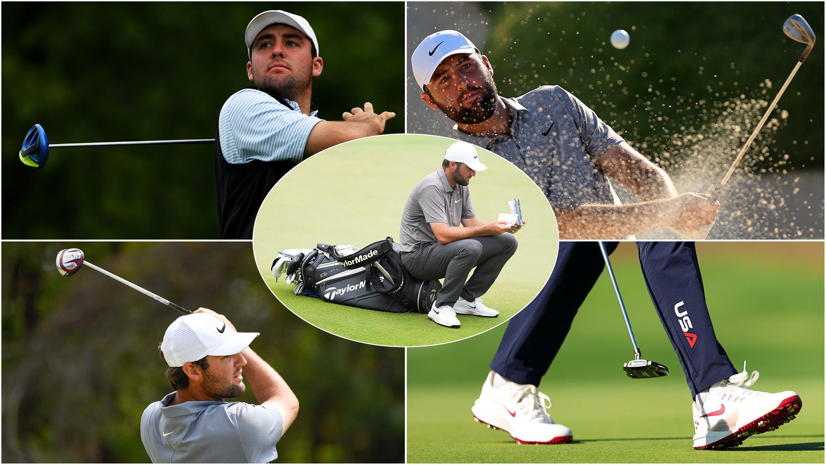 Scottie Scheffler’s Golf Equipment Through The Years Scottie Scheffler sits on his golf bag, with various images around it