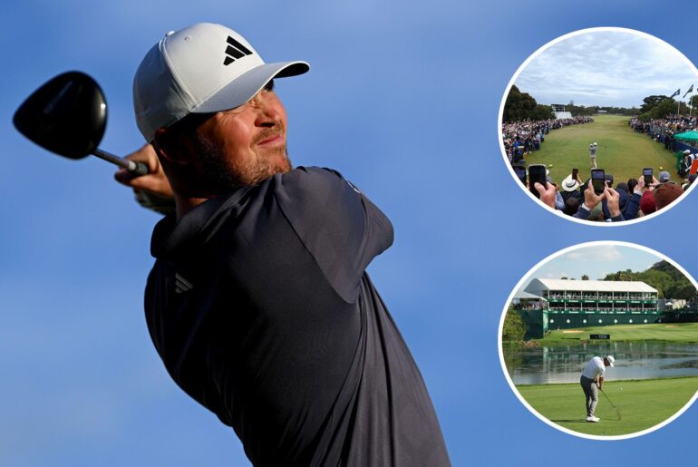 Richard Mansell hits a driver off the tee, with two circles showing two tournaments
