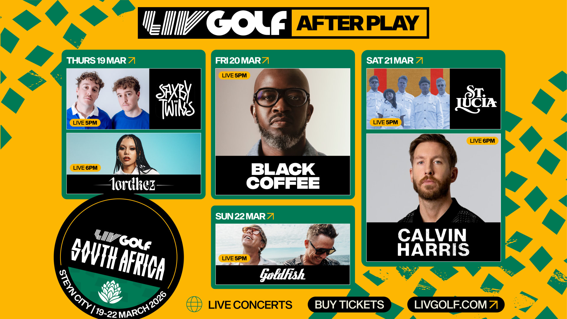 LIV Golf South Africa unveils blockbuster concert lineup featuring global superstar Calvin Harris, iconic South African acts Black Coffee and Goldfish, and more Aramco