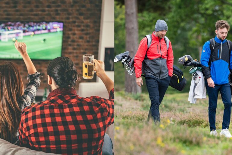 People watching football and drinking, two golfers walk down the fairway