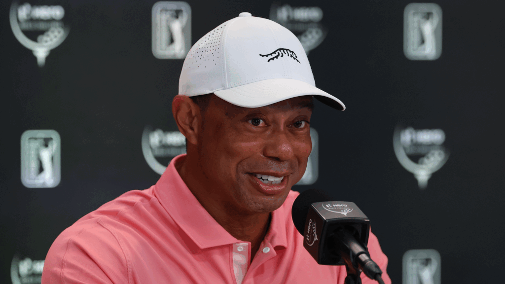 Tiger Woods speaks during his pre-tournament press conference at the 2024 Hero World Challenge