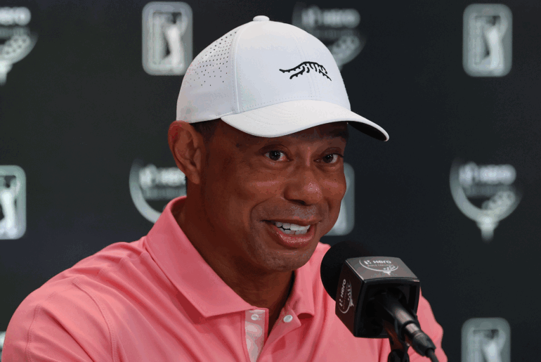 Tiger Woods speaks during his pre-tournament press conference at the 2024 Hero World Challenge