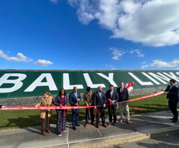 FILE - In this photo provided by the Office of the Mayor of New York, Mayor Eric Adams, third left, participates in the ribbon cutting ceremony and sign unveiling of Bally Links, formerly Trump Links, at Ferry Point in the Bronx borough of New York, Thursday, Jan. 11, 2024. (Michael Appleton/Mayoral Photography Office via AP, File)