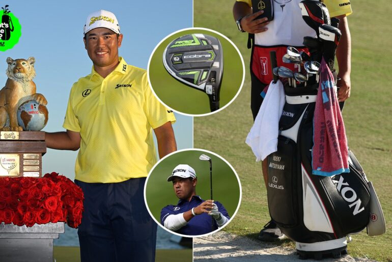 Hideki Matsuyama poses with a trophy, a close up of his golf bag