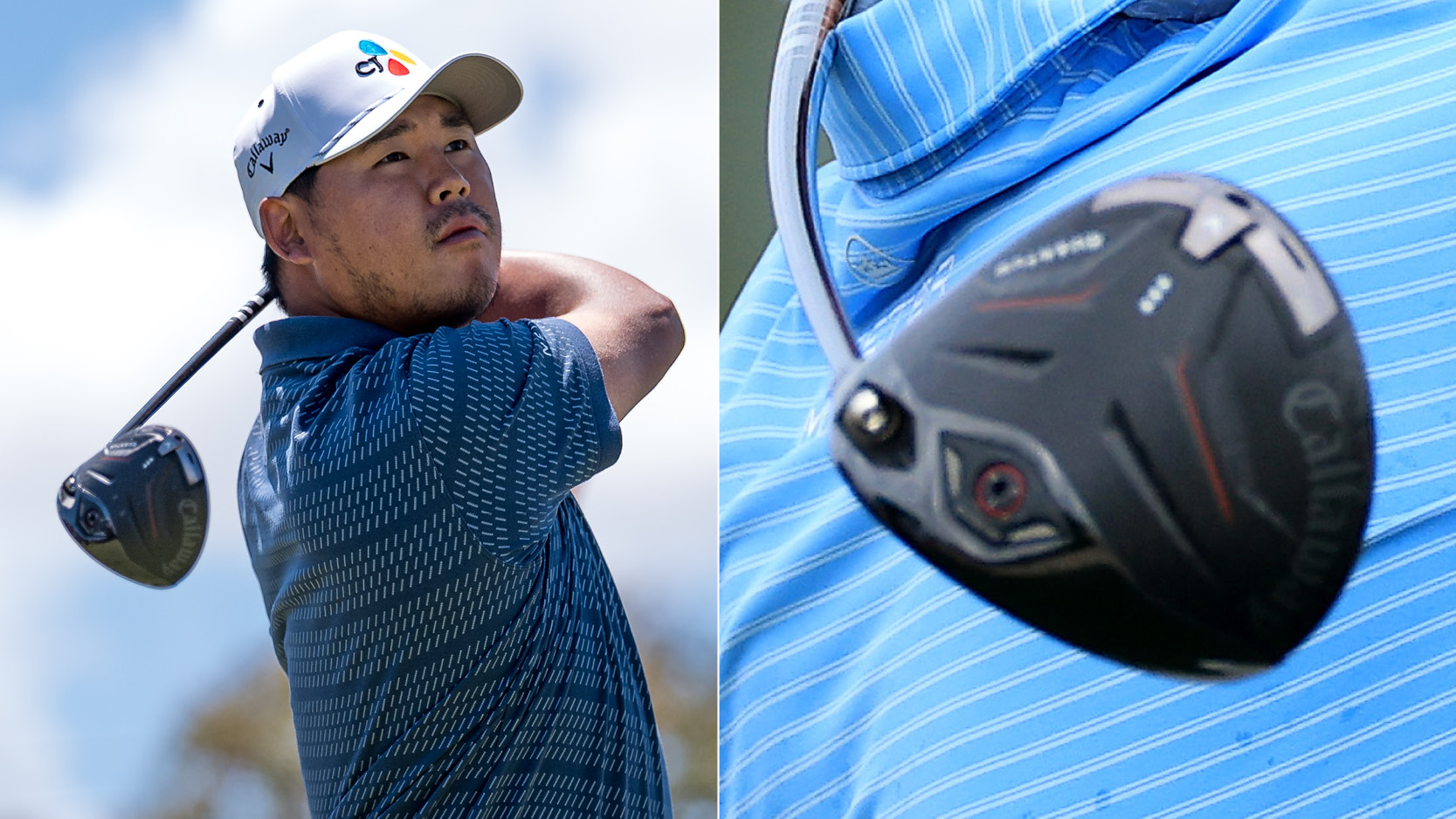 Si Woo Kim hits a driver off the tee, with a close up of the new Callaway driver