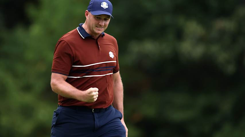 Sepp Straka of Team Europe celebrates a birdie putt on the 15th green during the Saturday afternoon four-balls matches of the 2025 Ryder Cup at Black Course at Bethpage State Park Golf Course on September 27, 2025 in Farmingdale, New York. (Richard Heathcote/Getty Images)