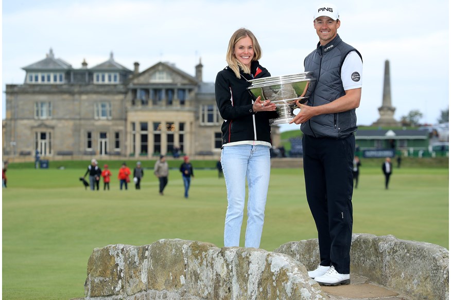 Celebrating a first DP World Tour victory in his adopted homeland with his wife Abigail.