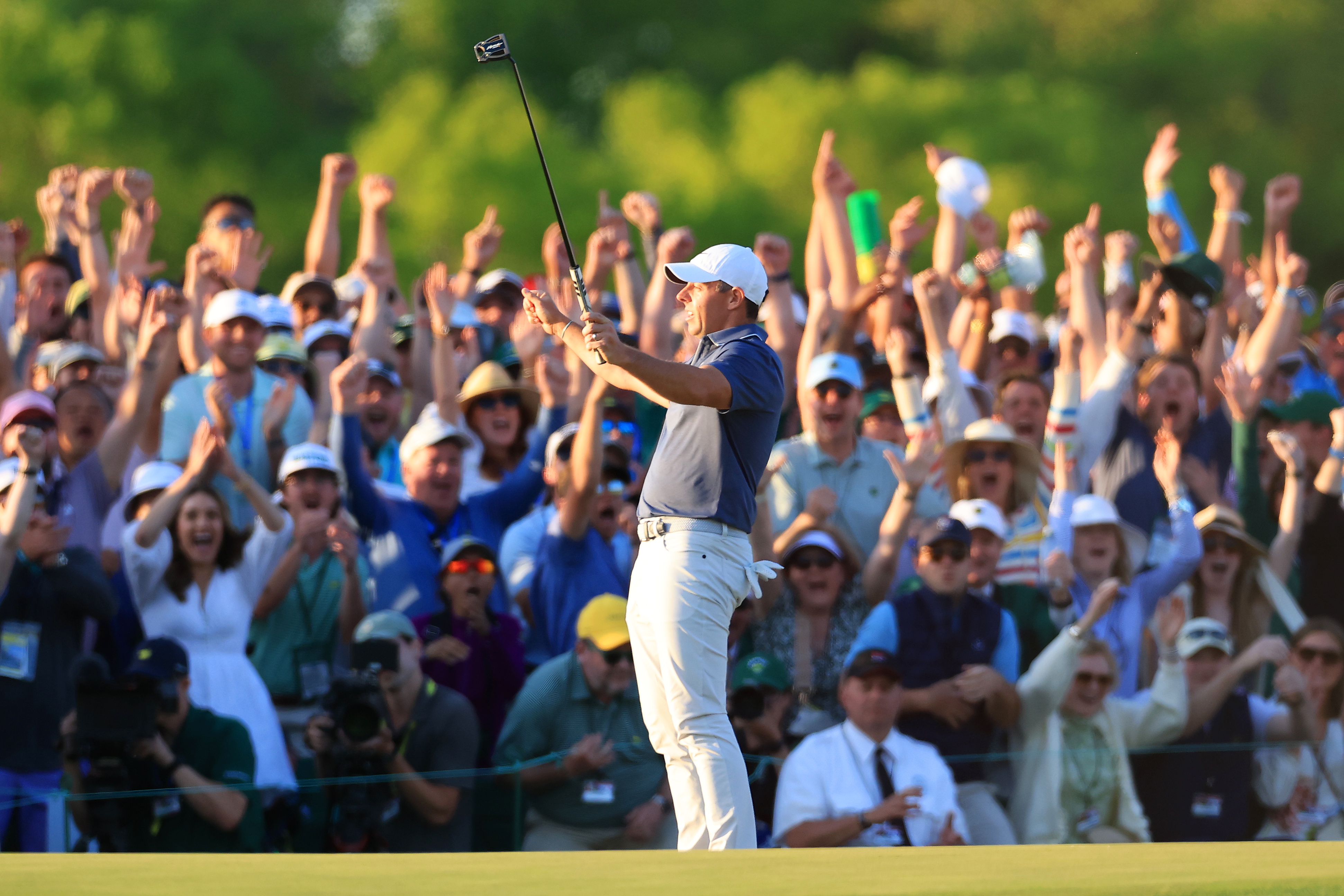 Rory McIlroy celebrates winning the career Grand Slam at Augusta National
