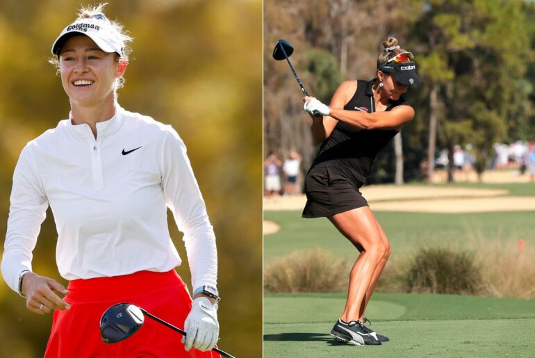 Nelly Korda walks off the tee holding a driver, Lexi Thompson on her downswing