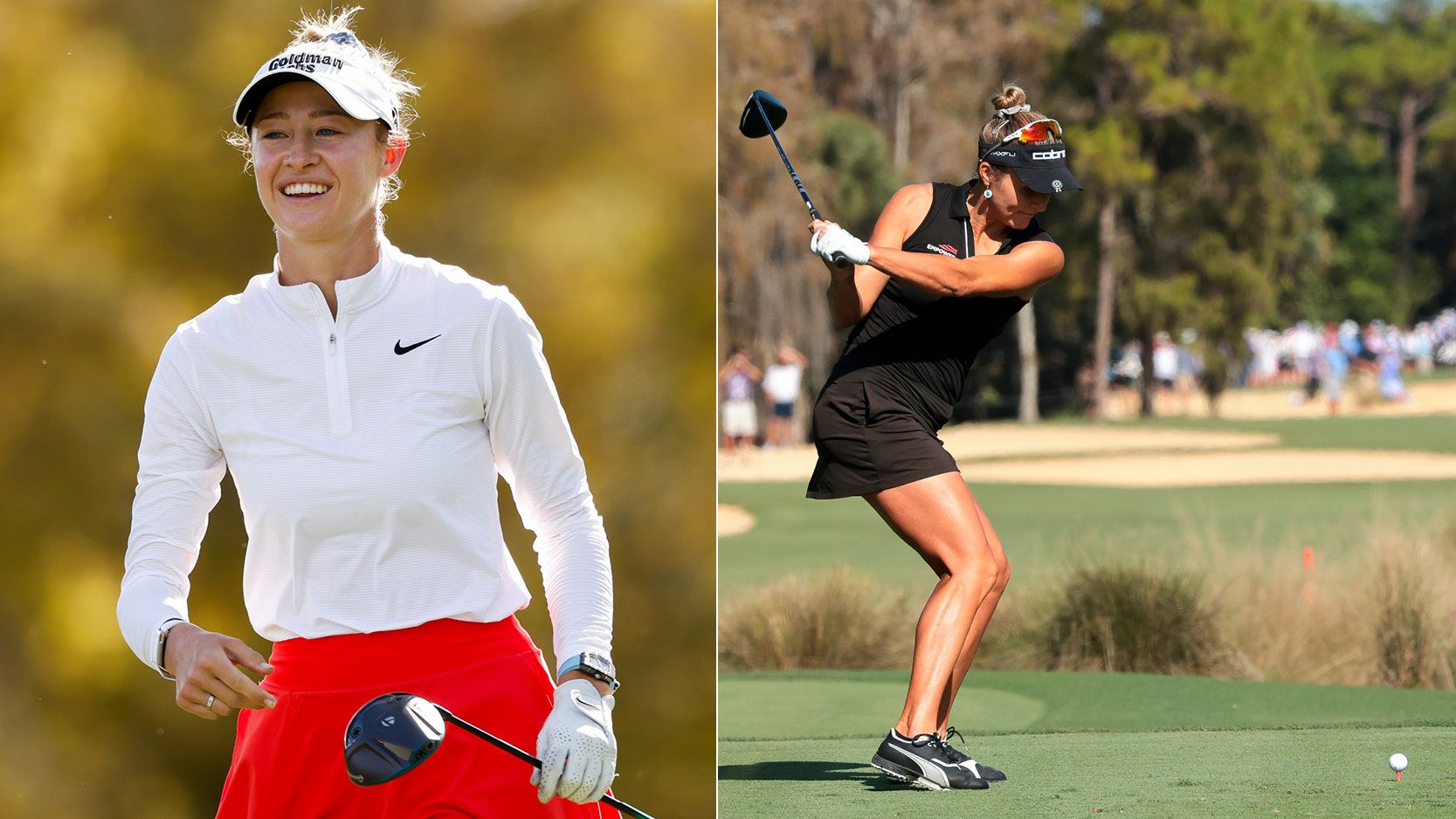 Nelly Korda And Lexi Thompson Make Equipment Changes At Grant Thornton Invitational Nelly Korda walks off the tee holding a driver, Lexi Thompson on her downswing