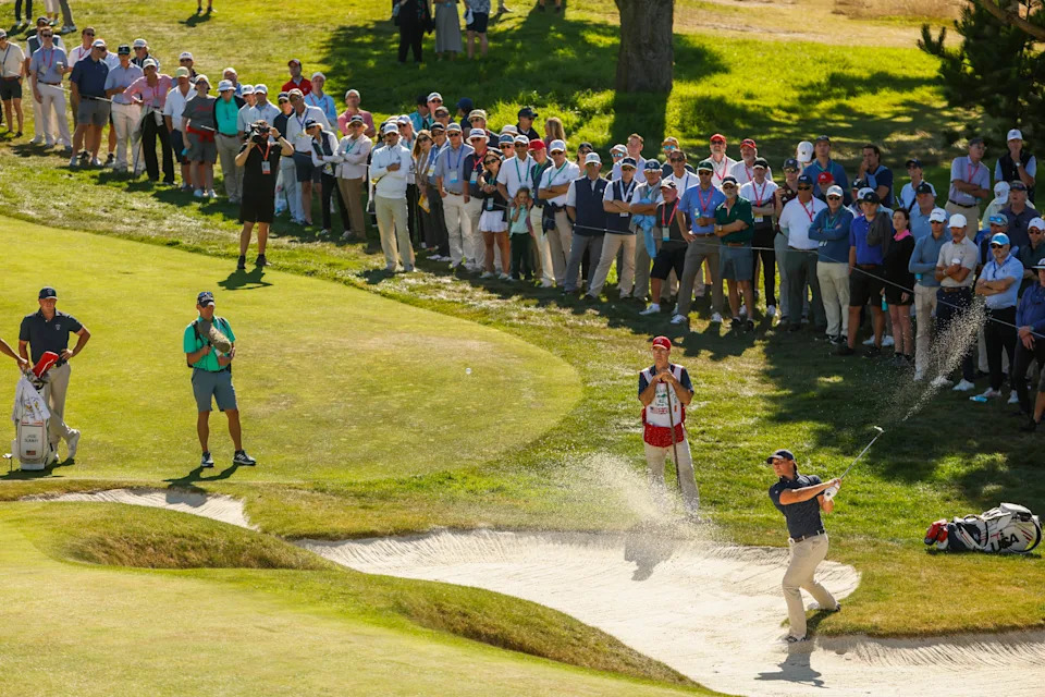 Michael La Sasso (USA) plays a shot from a bunker on the sixth hole during foursome matches of the 2025 Walker Cup at Cypress Point Club in Pebble Beach, Calif. on Sunday, Sept. 7, 2025.