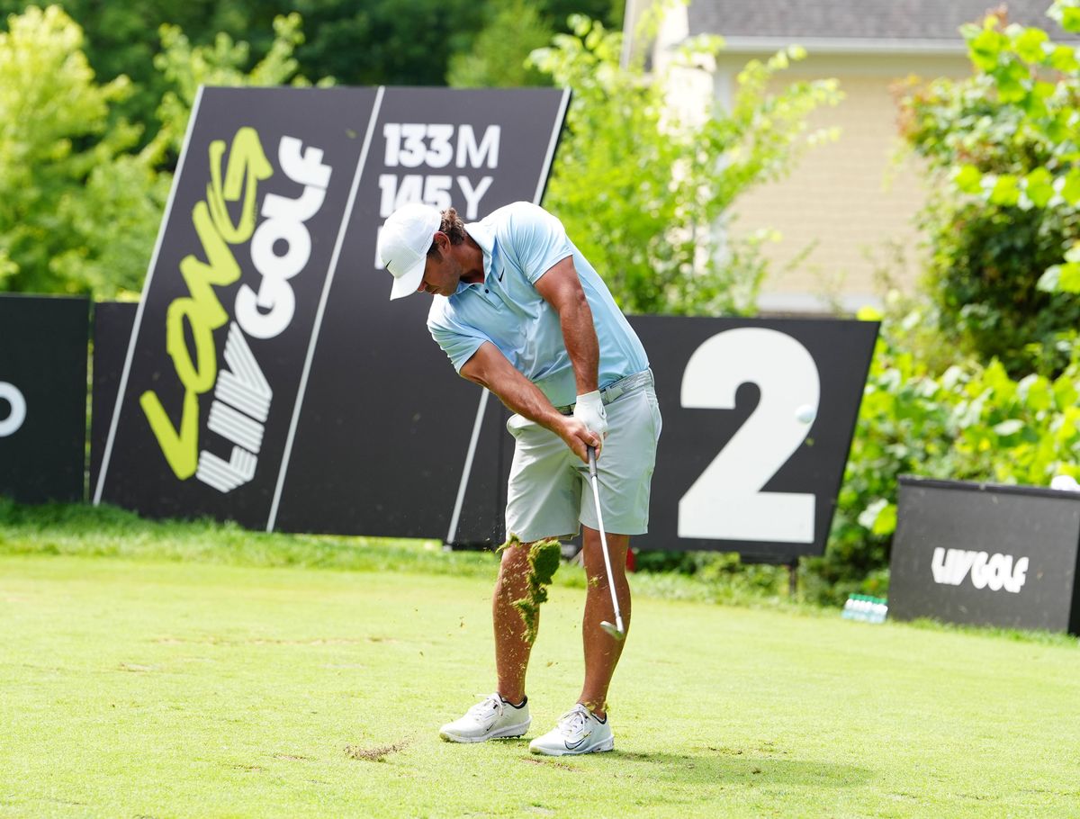 WESTFIELD, IN - AUGUST 17: LIV golfer Brooks Koepka plays his tee shot on the 2nd hole during the final round of LIV Golf Indianapolis on August 17, 2025, at The Club at Chatham Hills in Westfield, Indiana. (Photo by Brian Spurlock/Icon Sportswire via Getty Images)