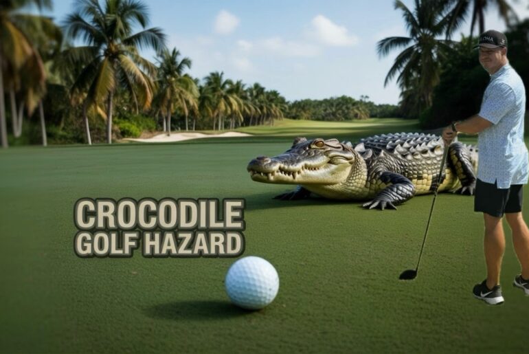 Cancun Golf at Iberostar tries to distract me with a 15 foot Crocodile!