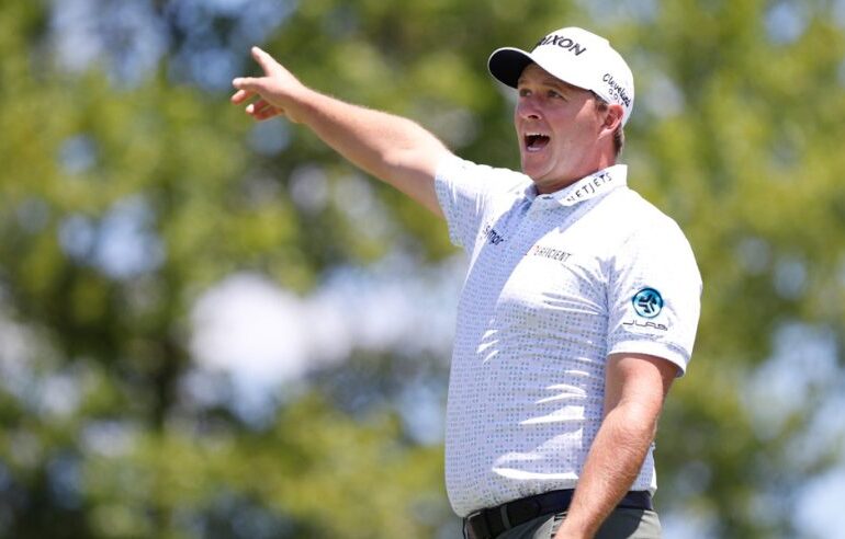 Sepp Straka of Austria reacts to his tee shot on the fifth hole during the final round of the Memorial Tournament presented by Workday at Muirfield Village Golf Club on June 9, 2024 in Dublin, Ohio