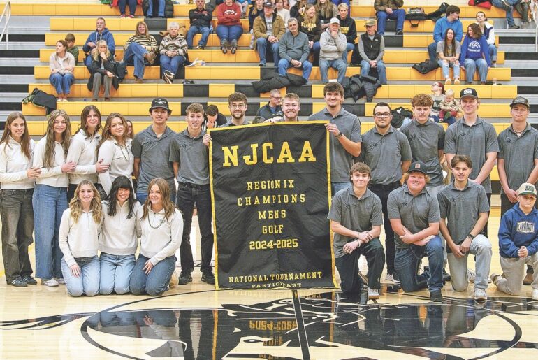 The EWC golf teams were honored during halftime at the basketball games on Saturday, January 24. Pictured in back, from left, are Berkley Smith, Sara Maciej, Ash Matheson, Jessica Applegarth, Georgie Paterakis, Daniel Meyer, Ben Brown, Freddie Dancox, Josh Lane, Landon Gilmore, Jamie Lambert, Troy Young, Aiden Walker, Jace Nielsen and coach Zach Smith. In front, from left, are Bailey Watson, Maddie Fujimoto, Elliann Irick, Kaden Linford, Nash Coleman, Josh White and Knox Smith.