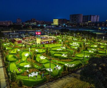 A birds-eye view of PopStroke in College Station shows the mini-golf courses, outdoor dining areas and entertainment spaces headed to Cedar Park. (Courtesy PopStroke)