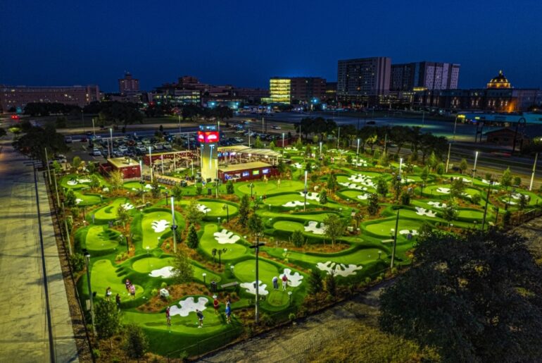 A birds-eye view of PopStroke in College Station shows the mini-golf courses, outdoor dining areas and entertainment spaces headed to Cedar Park. (Courtesy PopStroke)