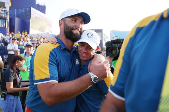 Rory McIlroy and Jon Rahm of Team Europe celebrate following victory with 16 and a half to 11 and a half win Rory McIlroy and Jon Rahm of Team Europe celebrate following victory with 16 and a half to 11 and a half win