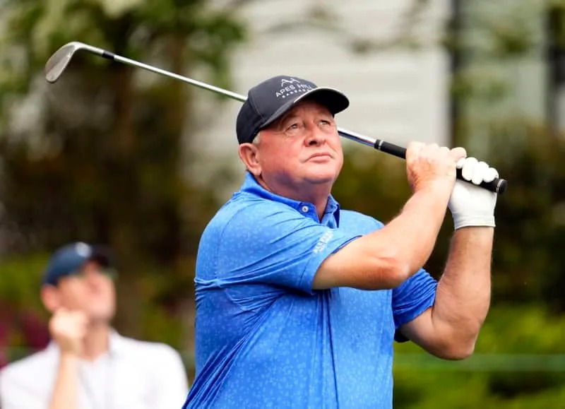 Apr 10, 2024; Augusta, Georgia, USA; Former Masters champion Ian Woosnam tees off on no. 1 during the Par 3 Contest at Augusta National Golf Club. Mandatory Credit: Rob Schumacher-USA TODAY Network
