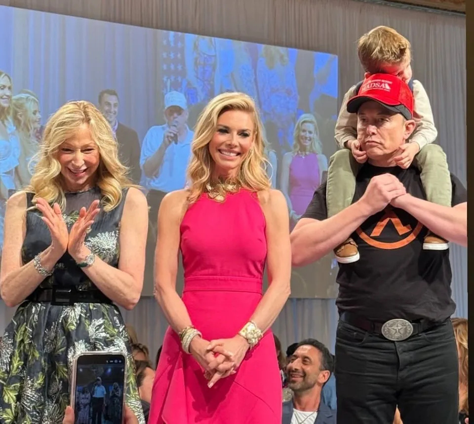 Big Dog Ranch Rescue announced a fundraising weekend raising $4.3 million at its annual Wine, Women and Shoes benefit event with surprise visits from President Donald Trump and SpaceX, Tesla CEO Elon Musk along with Big Dog Ranch Rescue board member and host Lara Trump at Mar-a-Lago in Palm Beach, Florida, on March 1 and March 2, 2025. Shown are event chairs Lora Drasner and Susan Malzoni with Elon Musk and his son with singer Grimes, Little X Musk.