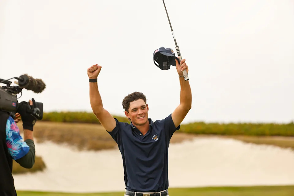 Jackson Koivun (USA) celebrates after winning his match on the 16th hole during singles matches of the 2025 Walker Cup at Cypress Point Club in Pebble Beach, Calif. on Sunday, Sept. 7, 2025.