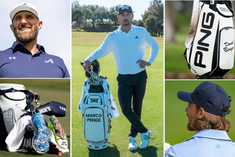 Marco Penge stands next to a PXG bag, Dustin Johnson poses in Under Armour clothing, two pictures of Daniel Berger and Ben Griffin's bag and the back of Tommy Fleetwood's head
