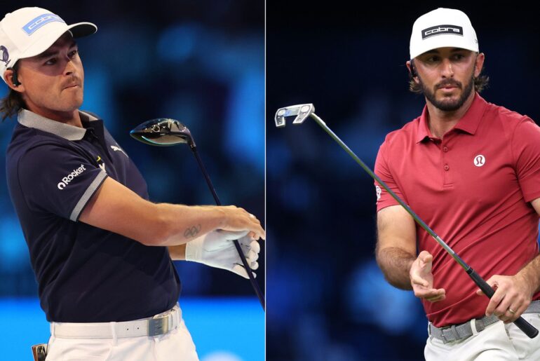Rickie Fowler hits a driver off the tee, Max Homa watches a putt