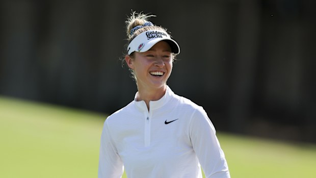 Nelly Korda of the United States laughs as she walks the third hole during the second round of the Grant Thornton Invitational 2025 at Tiburon Golf Club on December 13, 2025 in Naples, Florida. (Photo by Sam Navarro/Getty Images)