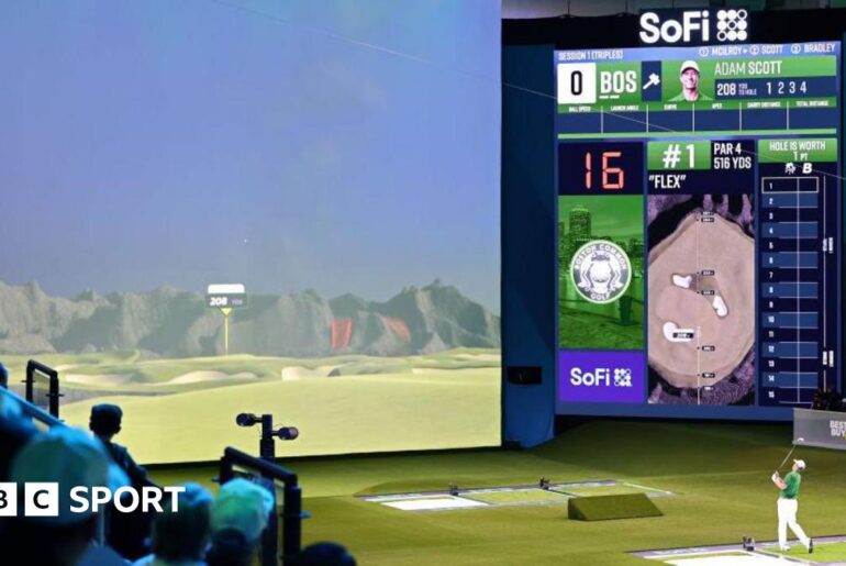 A representation of indoor TGL golf with a player hitting a shot at a simulator screen