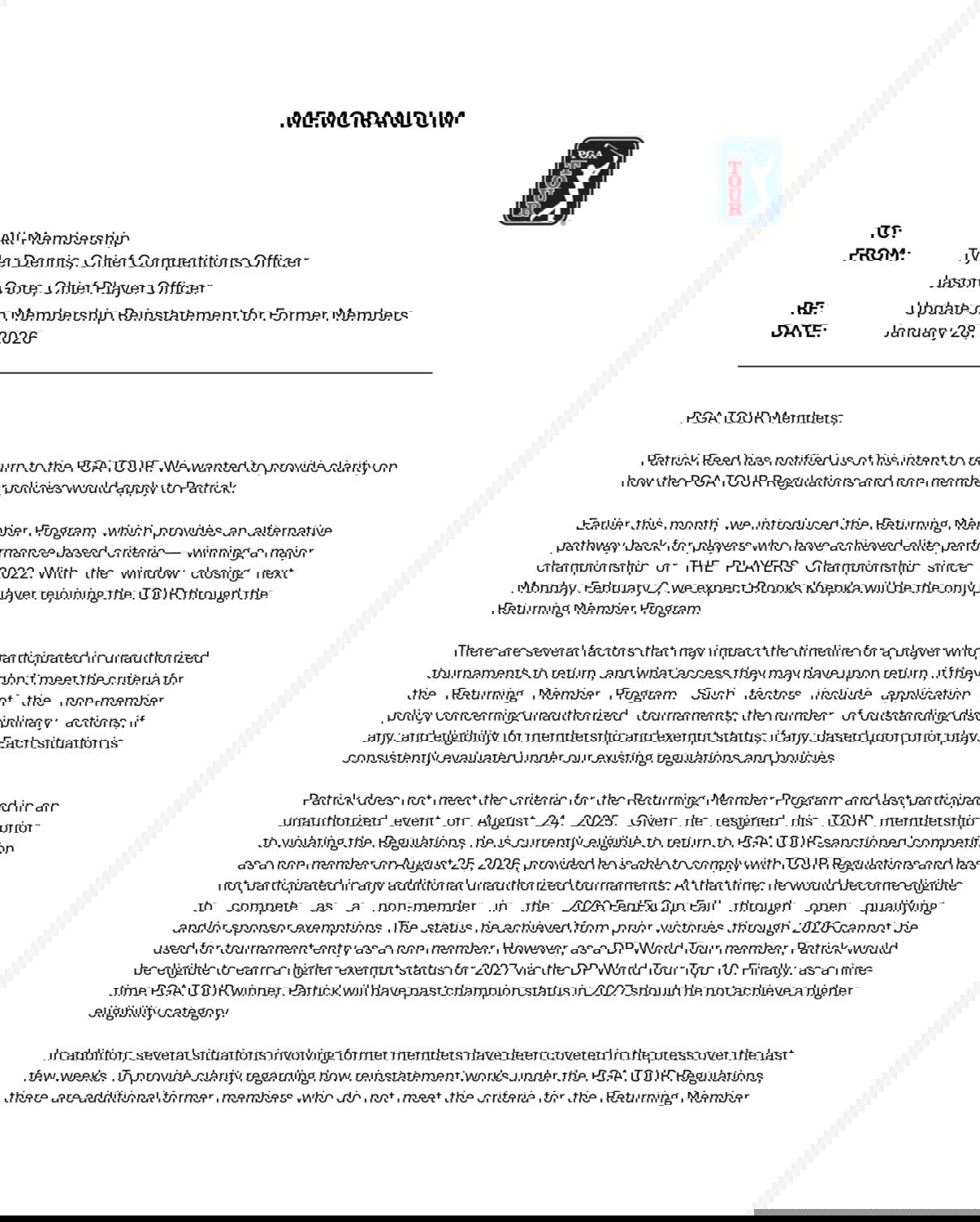 The PGA Tour sent a memo to its members