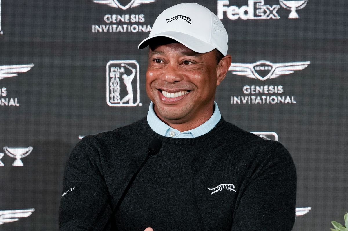 PGA Tour star Tiger Woods speaks to the media before the Genesis Invitational