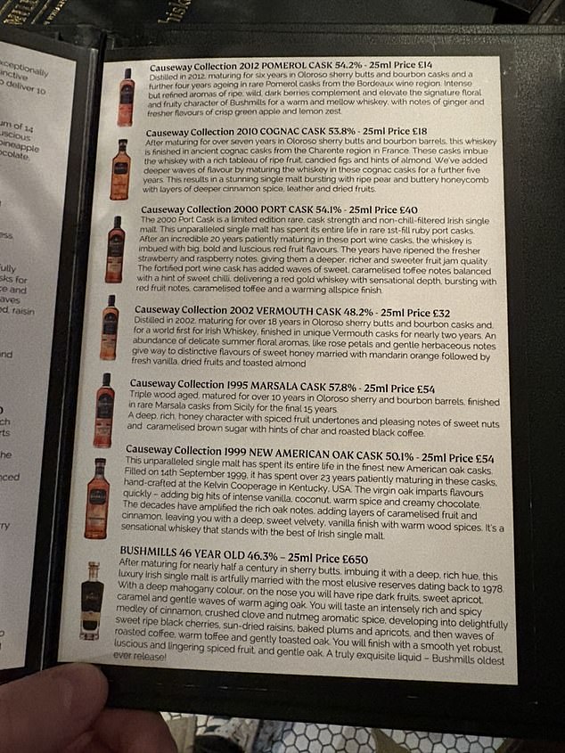 The Lodge boasts a range of top-class whiskies, including a 46-year-old single malt from the nearby Bushmills distillery