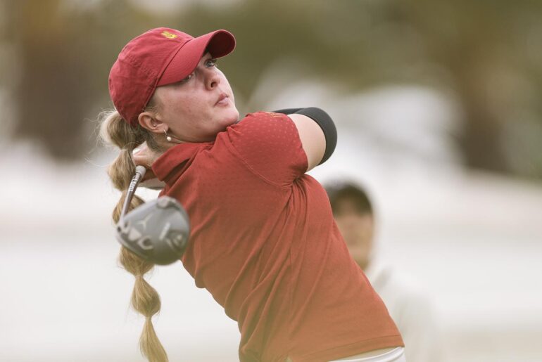Women's Golf team poses with the Victory Bell after winning the 2026 Battle of LA