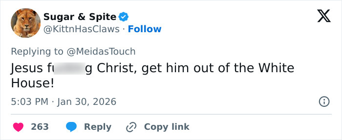 Tweet expressing outrage over Trump Epstein victim claims, calling for his removal from the White House.