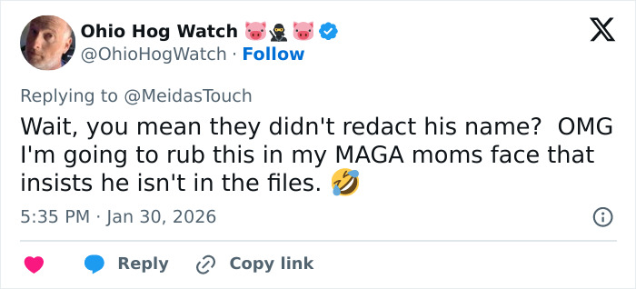 Screenshot of Ohio Hog Watch’s tweet reacting to Epstein victim files mentioning Trump without redaction, with a laughing emoji.