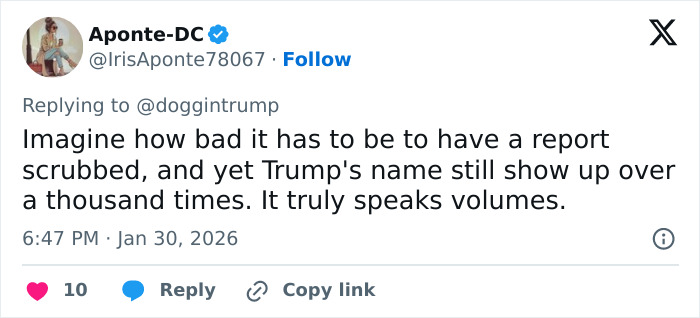 Screenshot of a tweet discussing Epstein victim files mentioning Trump’s name appearing frequently in new reports.