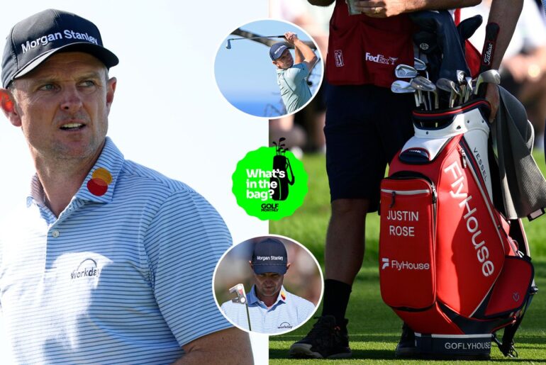Justin Rose looks into the distance with a close up of his bag