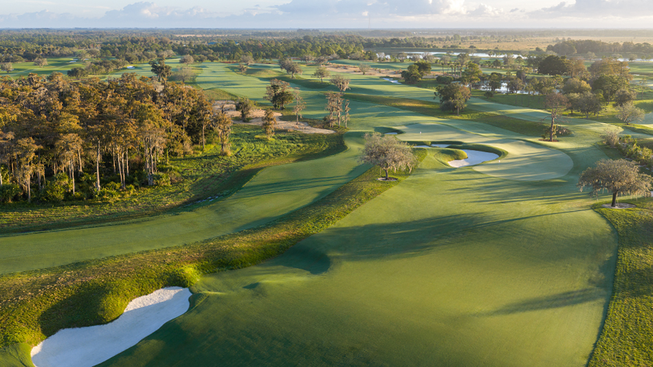 The approach to the fourteenth, the first of two holes that shares a long boomerang green (Photo: Steve Szurlej)