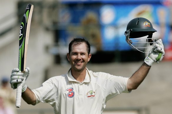 Ponting in full flight during his cricket career: celebrating a Test hundred against South Africa in 2006.