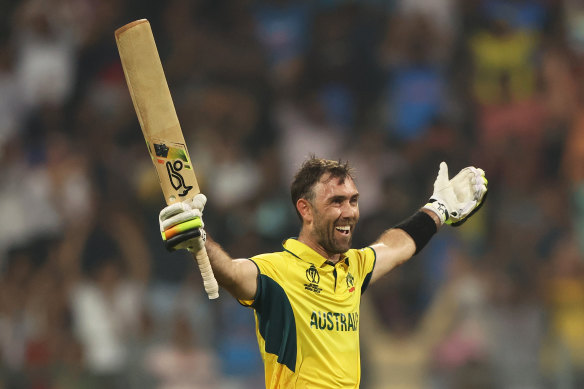 Glenn Maxwell celebrates his remarkable World Cup double century in 2023.