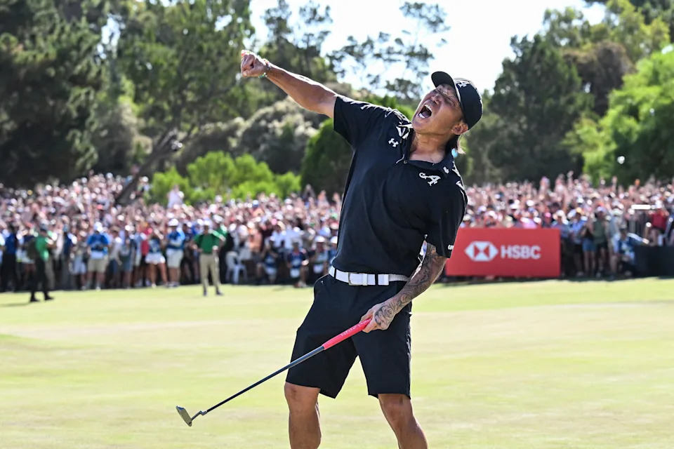 Aces GC player Anthony Kim from the US reacts as he claims the title on the final day of the LIV Golf Adelaide tournament at The Grange Golf Club in Adelaide on February 15, 2026.